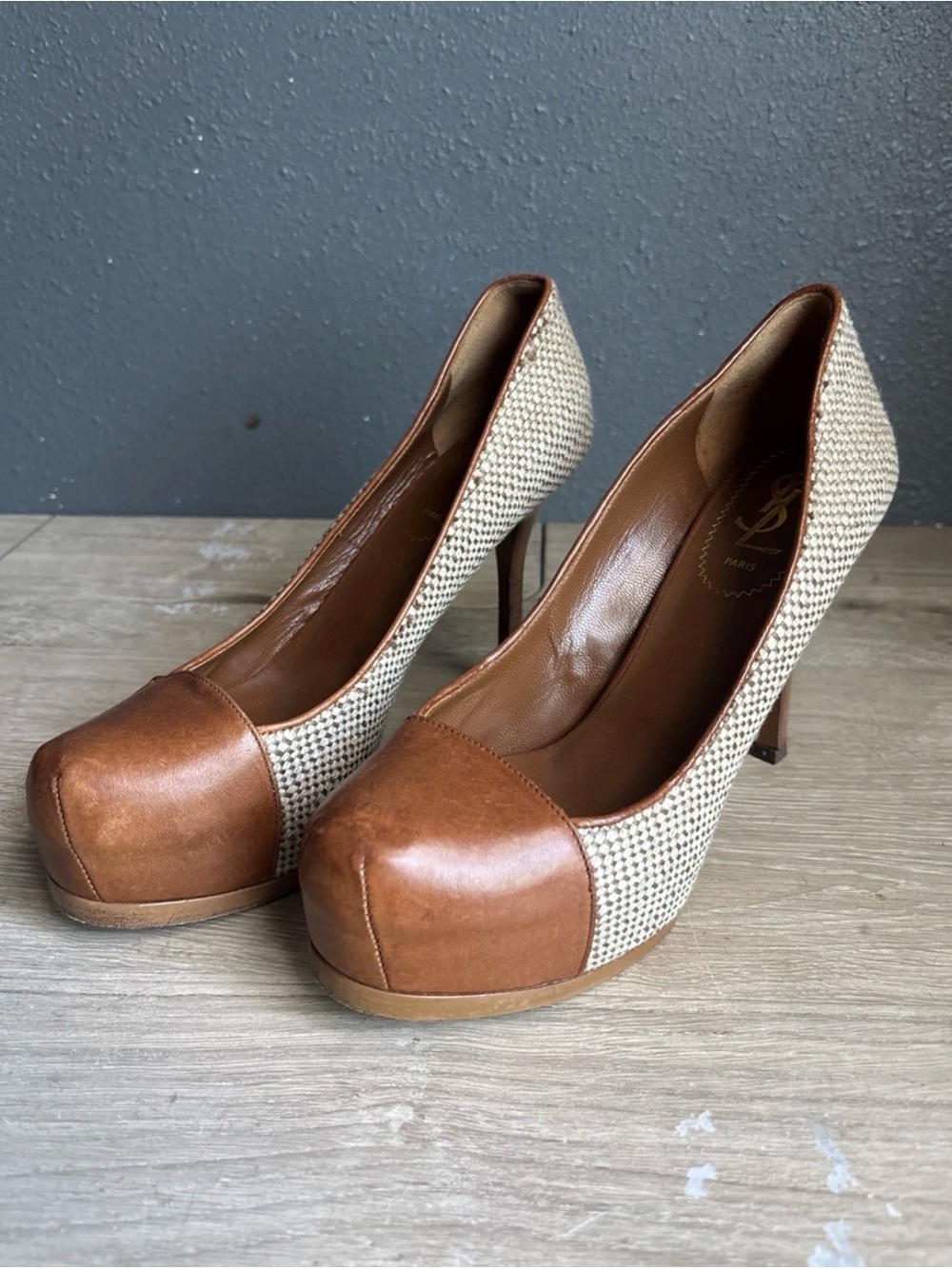Saint Laurent BrownGrey Canvas And Leather Platform Tribtoo Pumps Size 37.5